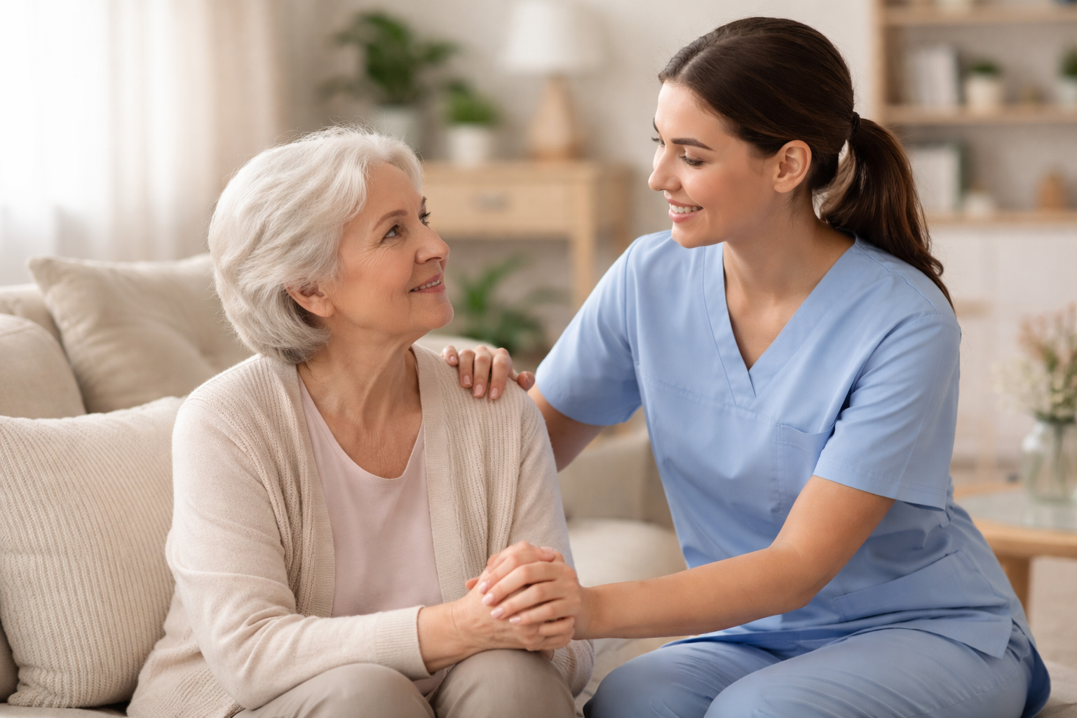 Acti-Kare Senior Care caregiver warmly supporting an older woman at home.